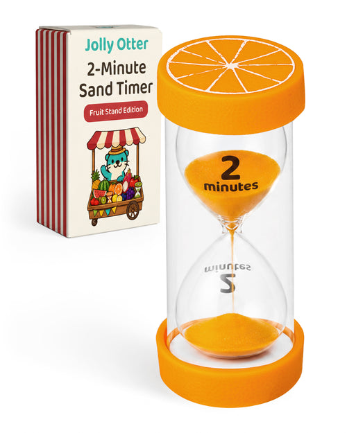 Orange 2-minute Jolly Otter fruit sand timer with packaging