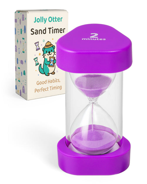 Purple 2-minute Jolly Otter triangle sand timer with packaging