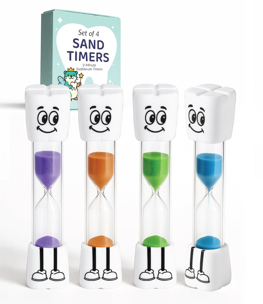Four Jolly Otter 2-minute toothbrush sand timers with packaging
