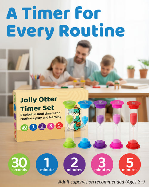 Jolly Otter five-pack sand timer set with 30-second, 1-, 2-, 3-, and 5-minute timers