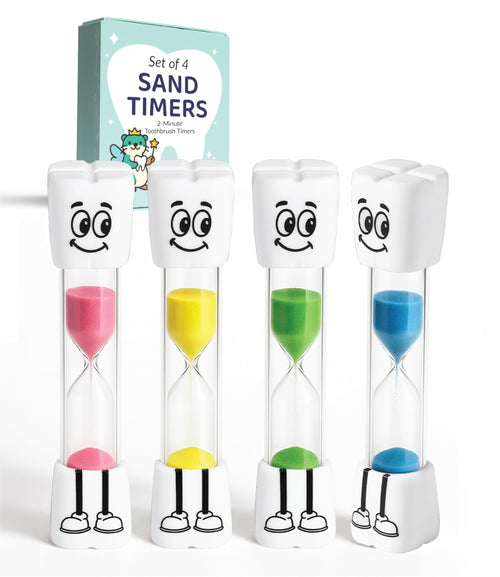 Four Jolly Otter 2-minute toothbrush sand timers with packaging