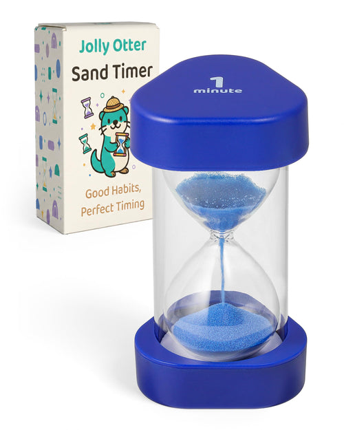 Blue 1-minute Jolly Otter triangle sand timer with packaging