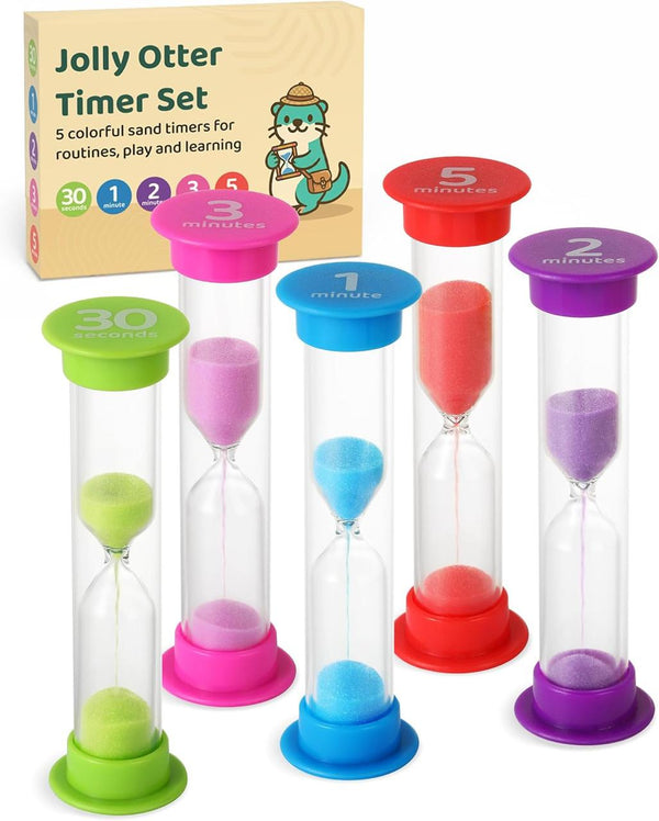 Jolly Otter five-pack sand timer set with 30-second, 1-, 2-, 3-, and 5-minute timers